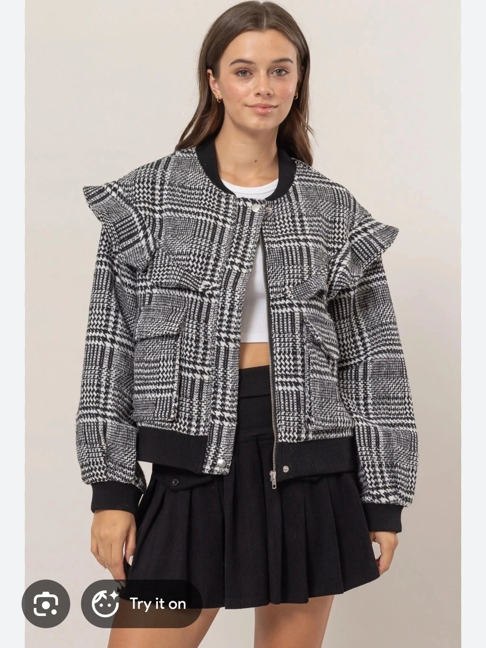 HYFVE Plaid Ruffle Bomber Jacket